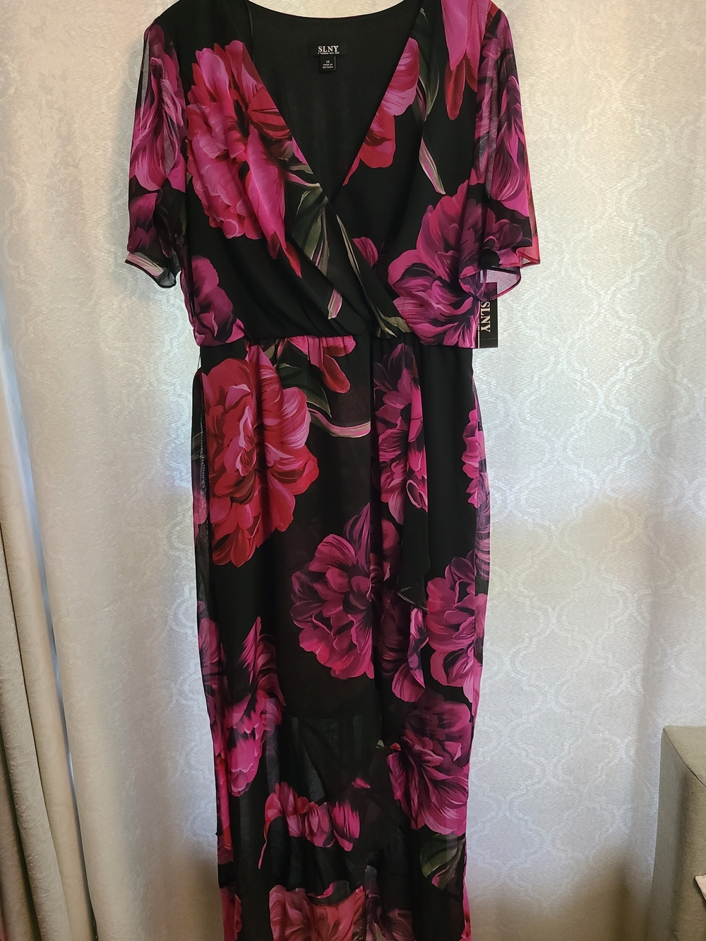 SLNY Black Maxi Dress with Fuchsia Floral Print